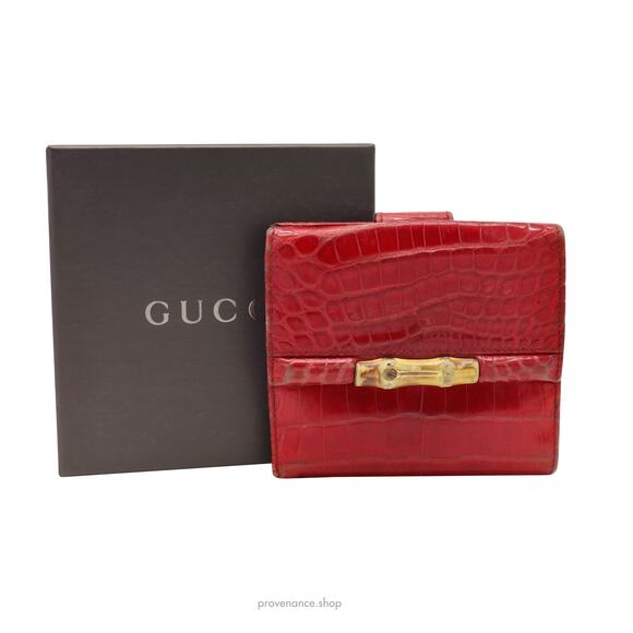 🔴 Gucci Bamboo Trifold Wallet - Red Crocodile Leather - Picture 1 of 15